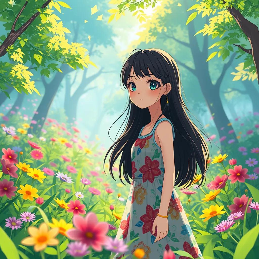 A brave girl, هبه, with long dark hair, wearing a colorful dress, exploring a lush green forest filled with colorful flowers, bright sunlight, vibrant colors, cheerful atmosphere, digital art