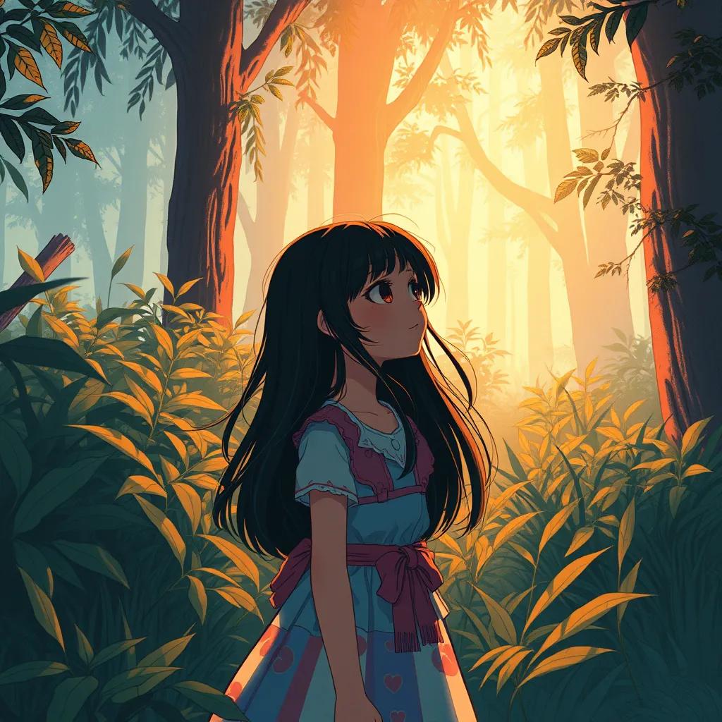 هبه, a brave girl with long dark hair in a colorful dress, listening intently to a mysterious sound among the bushes in a dense forest, curious expression, detailed illustration, warm light