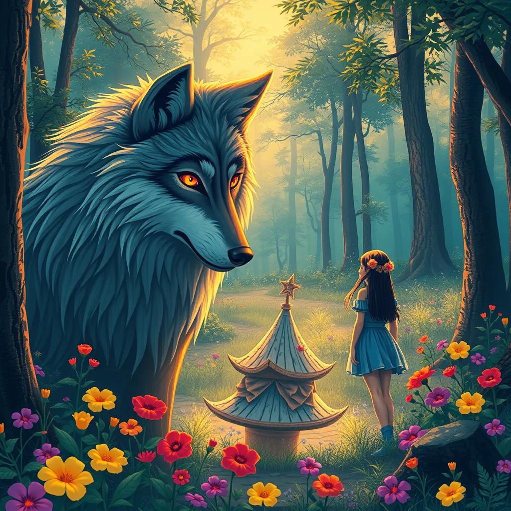 A beautiful wolf, with shining eyes, looking at هبه, a brave girl with long dark hair in a colorful dress, in a forest clearing surrounded by trees and colorful flowers, fantasy style, warm and inviting atmosphere