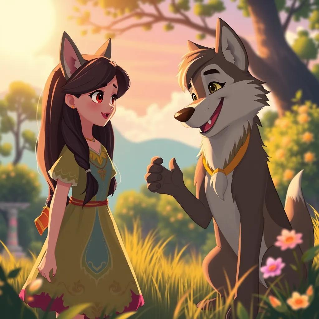 هبه, a brave girl with long dark hair in a colorful dress, talking to a friendly wolf in a sunny glade, both characters smiling and looking happy, magical vibe, cheerful colors, engaging scene
