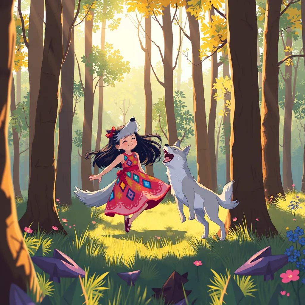 هبه, a brave girl with long dark hair in a colorful dress, playing with her wolf friend in the sunny forest, laughing and jumping among the trees, bright and colorful, heartwarming atmosphere