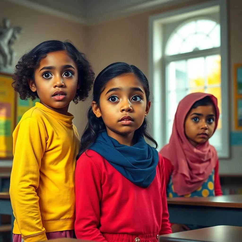 Three young girls, Leila, Sara, and Mariam, with a mix of dark skin and bright clothes, looking scared in a school classroom, sunlight streaming through the window, vibrant colors, cheerful yet tense atmosphere, digital art, high quality