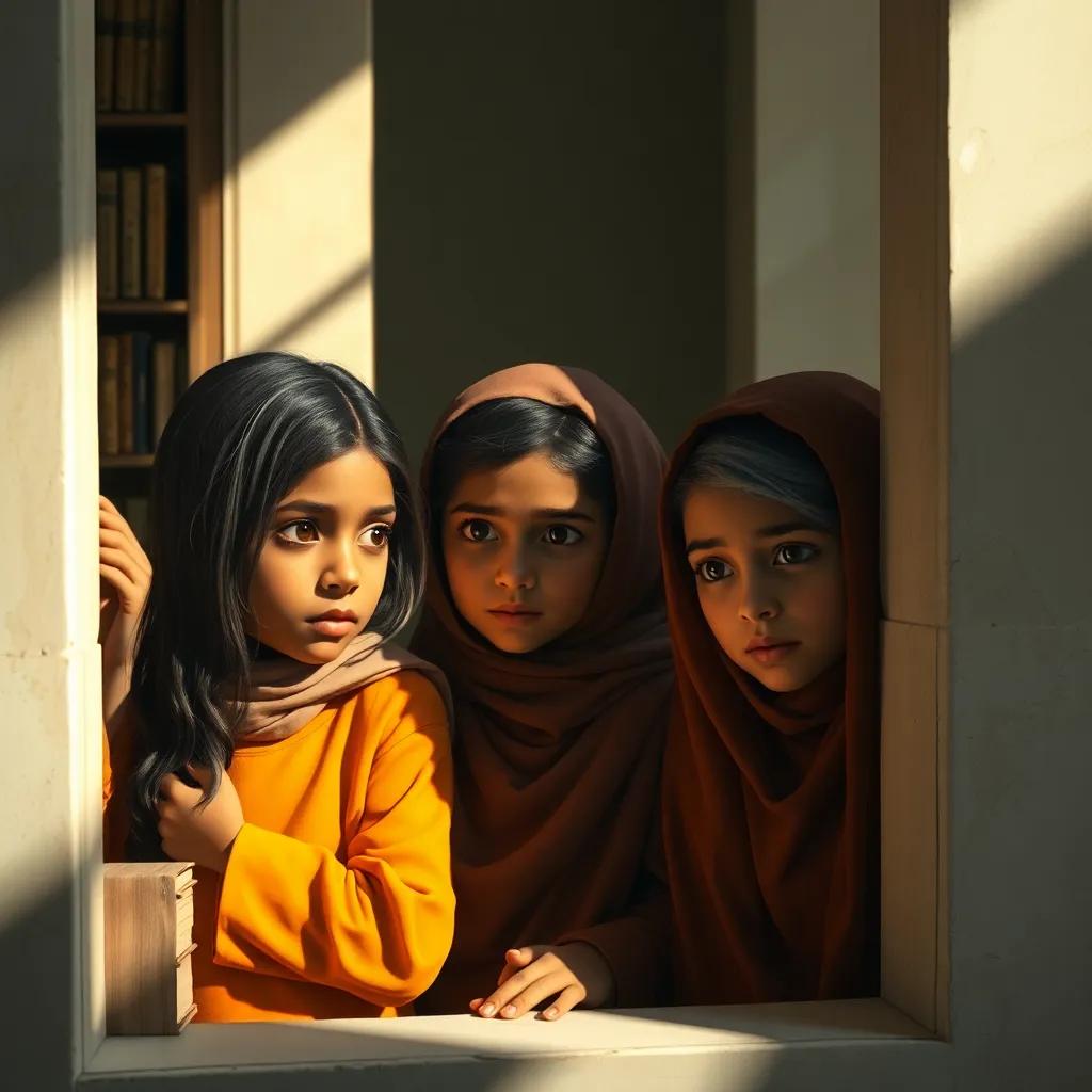 Three young girls, Leila, Sara, and Mariam, with a mix of dark skin and bright clothes, peeking through the library window, looking worried, surrounded by books and shadows, soft light, realistic details, dramatic mood, digital art, high quality