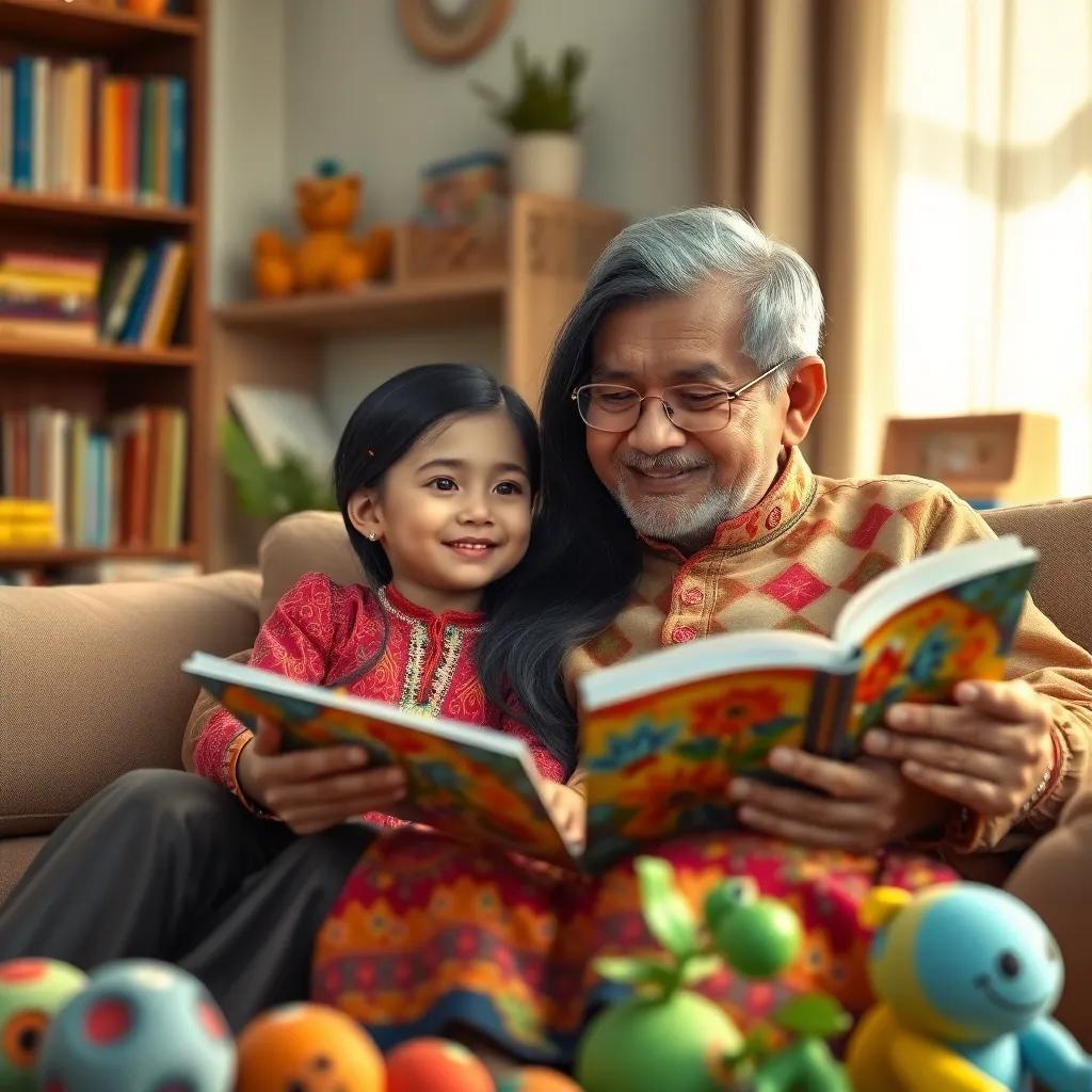 A young girl, هجو, with long dark hair, wearing a colorful traditional dress, sitting with her grandfather in a cozy living room filled with books and toys, smiling and sharing a story, digital art, warm colors, inviting atmosphere, high quality