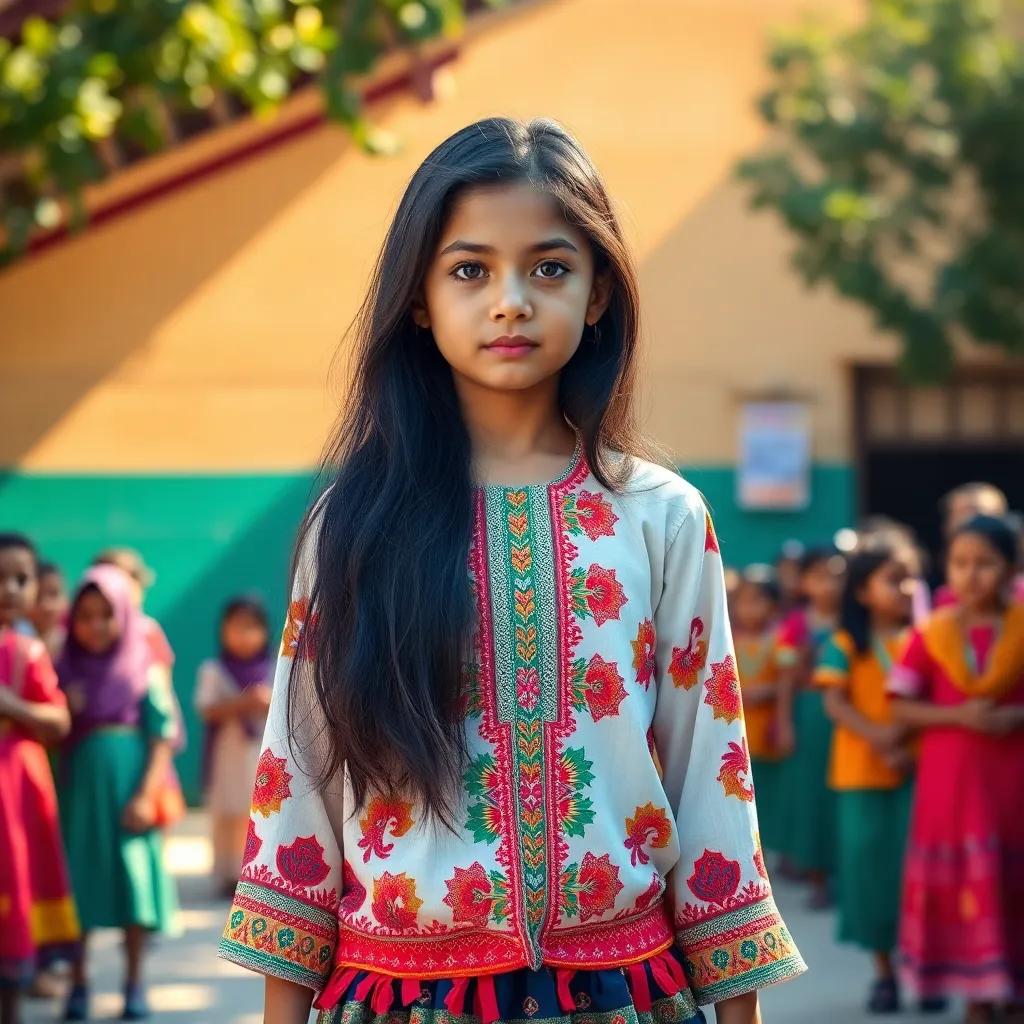 هجو, a young girl with long dark hair in a colorful traditional dress, standing strong and looking determined in front of her school, surrounded by her classmates, bright sunlight, inspirational scene, high quality