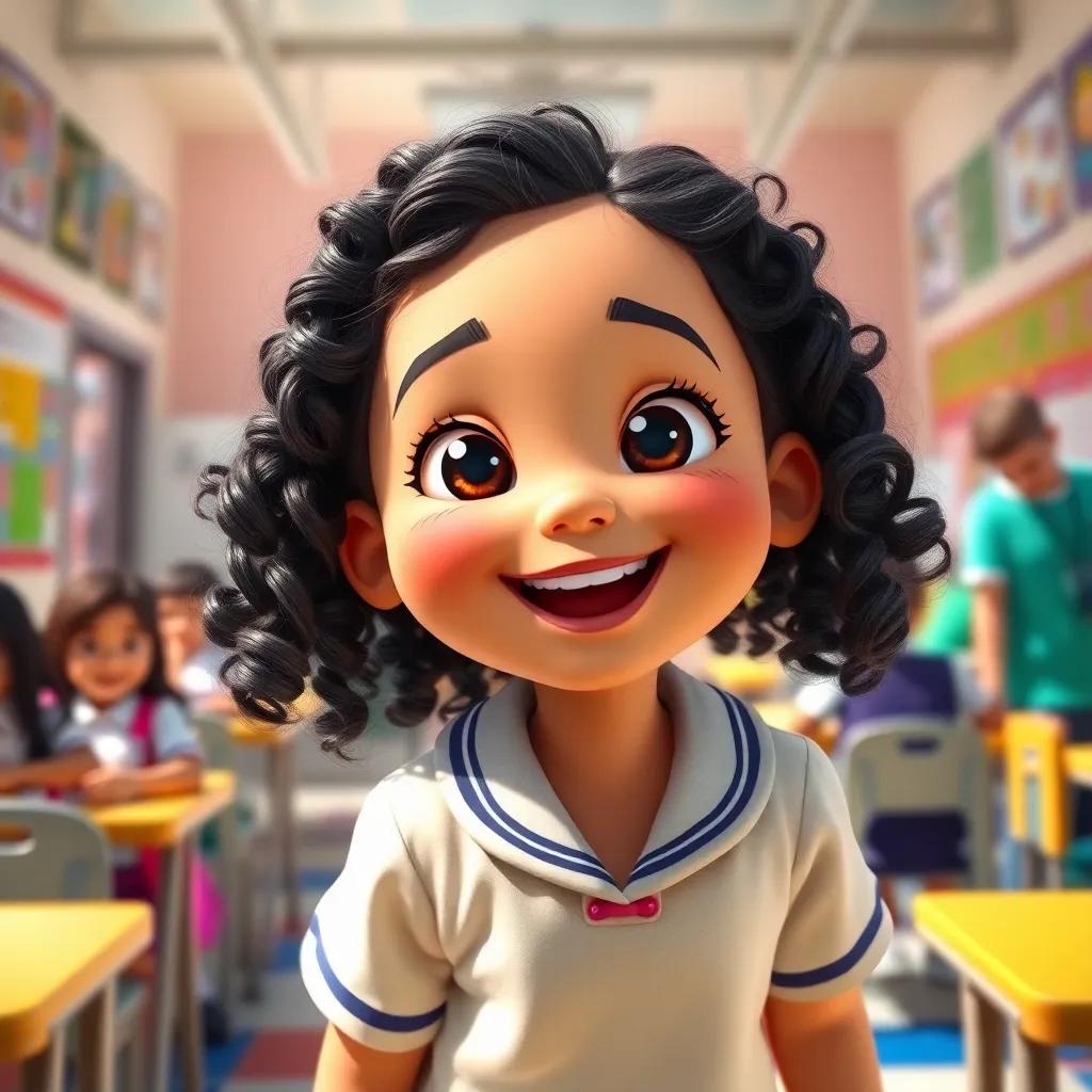 A lively young girl, Huda, with curly dark hair, wearing a cheerful school uniform, playing with her friends in a colorful classroom, joyful atmosphere, dynamic perspective, bright daylight, engaging scene, digital art, high quality