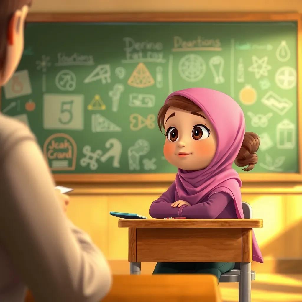 A young girl, Huda, sitting at her desk with a thoughtful expression, listening carefully to her teacher, who is explaining a lesson in front of a chalkboard filled with colorful drawings, warm lighting, focused atmosphere, child-friendly, digital art