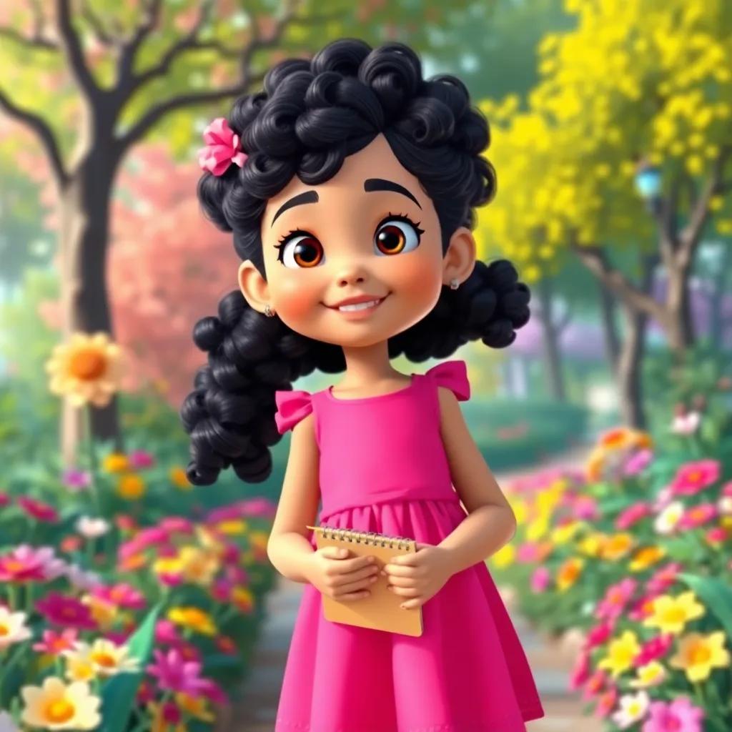 A young girl, Jouri, with curly black hair wearing a bright pink dress, holding a small notebook and pencil in a colorful park, surrounded by flowers and trees, cheerful atmosphere, digital art, vibrant colors, joyful scene, high quality