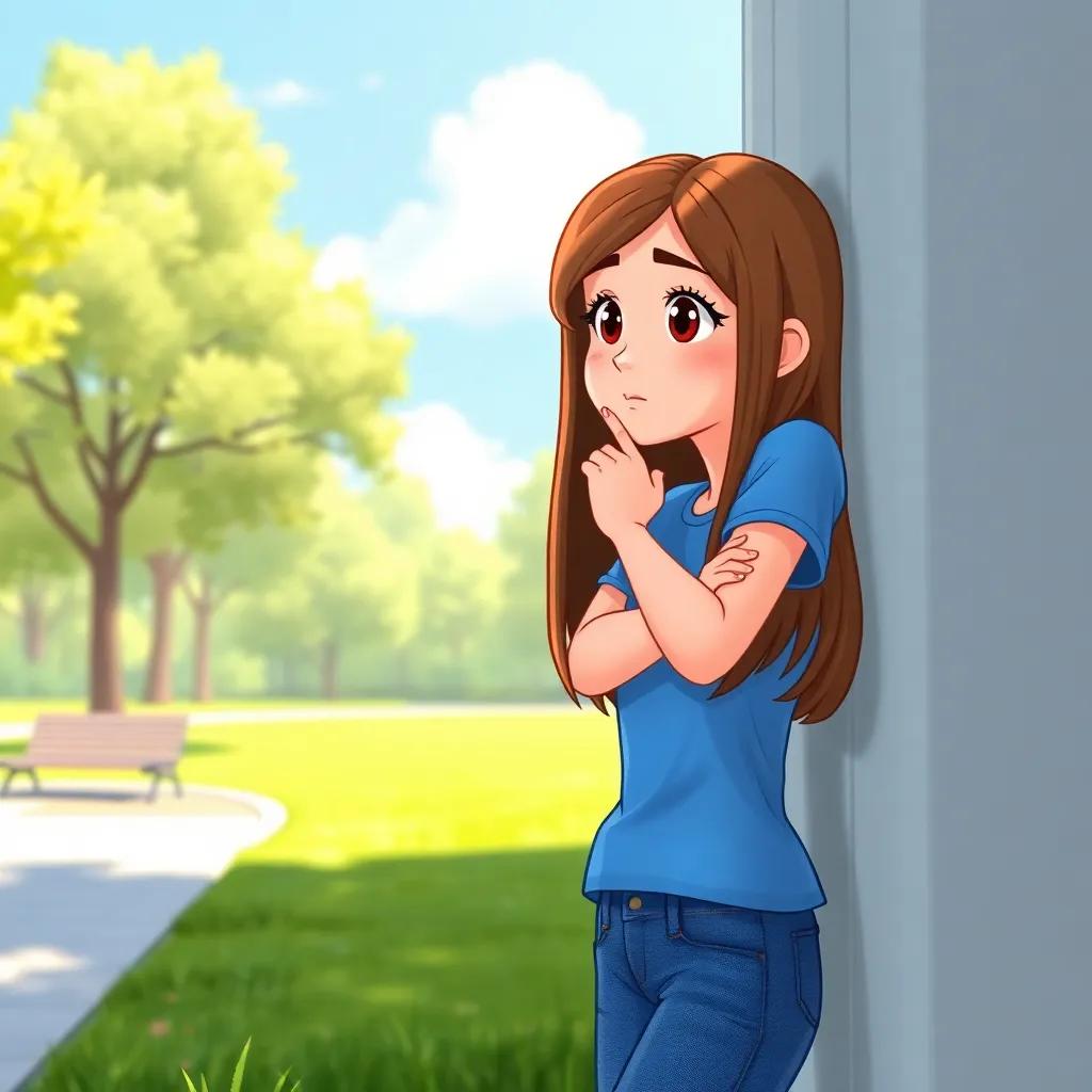 A thoughtful girl, Sarah, with straight brown hair wearing a blue t-shirt and jeans, leaning against a wall in the park, looking at her friend Jouri with a curious expression, sunny day, friendly, illustration, whimsical, high quality