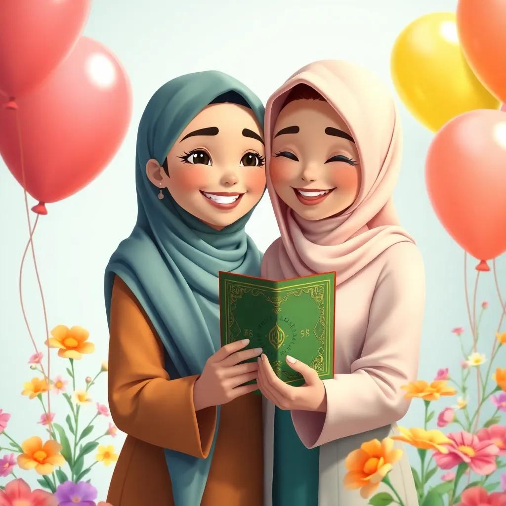 A proud daughter, Marium, with a bright smile, holding a Quran in her hands, giving it to her mother in a loving embrace, surrounded by flowers and balloons, cheerful colors, joyful scene, high quality