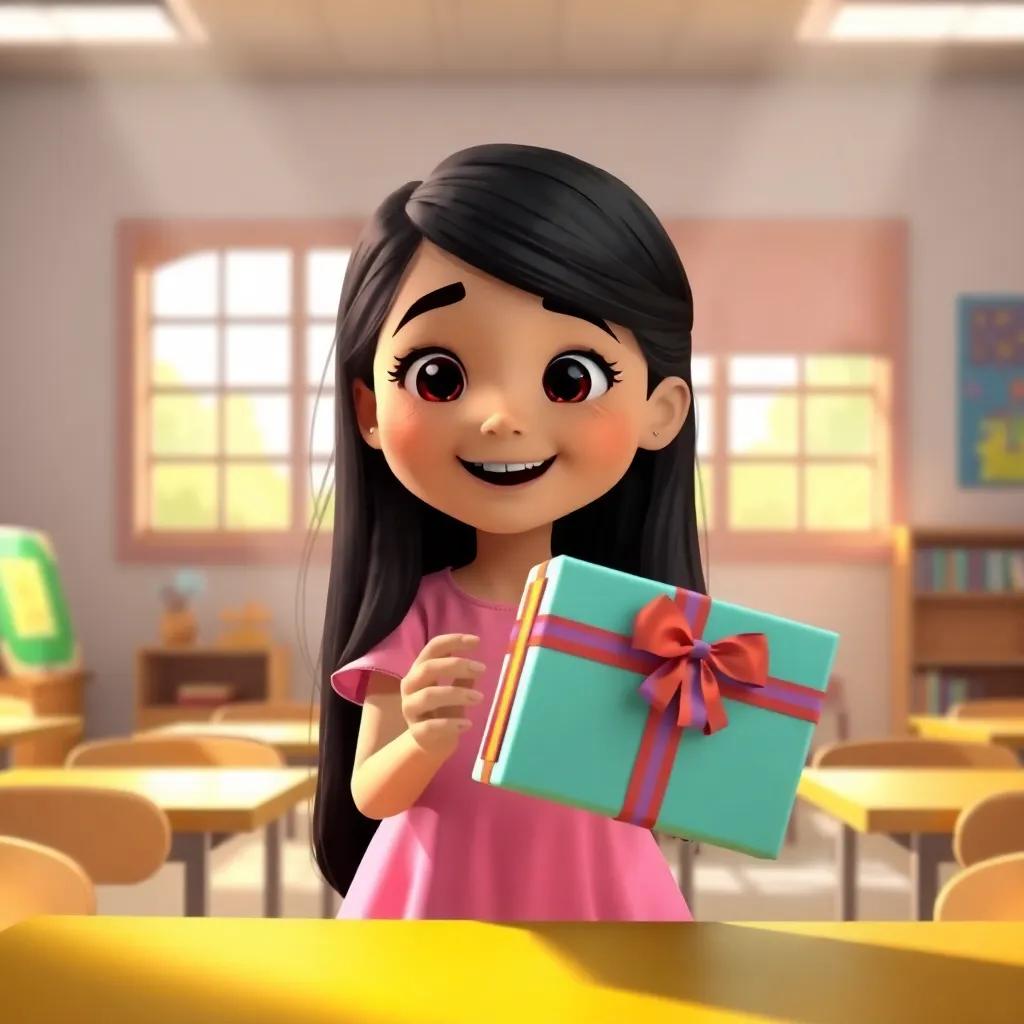A young Arabic girl, Mariam, with long black hair wearing a pink dress, joyfully presenting a gift wrapped with a colorful ribbon, in a bright classroom with sunlight pouring through the windows, digital art, cheerful, vibrant colors, inviting atmosphere, high quality
