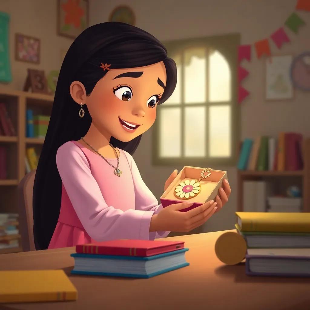 Mariam, a young Arabic girl with long black hair in a pink dress, watching her teacher open a beautifully wrapped necklace with a flower design, sitting at a wooden desk surrounded by books and colorful decorations, illustration, warm light, joyful expression, child-friendly