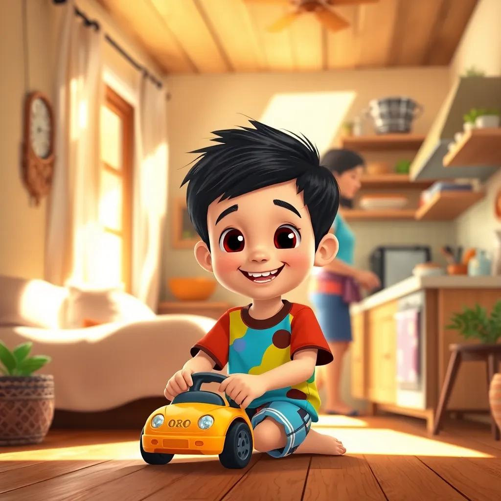 In a warm little house in a small village, a cheerful 4-year-old boy, Youssef, with short black hair, wearing a colorful t-shirt and shorts, is playing with a small toy car, with his caring mother preparing breakfast in the background, sunlight streaming in, cozy atmosphere, digital art, bright colors, inviting scene, high quality