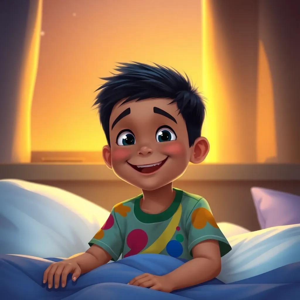 Youssef, a cheerful 4-year-old boy, with short black hair, in a colorful t-shirt, looking happy while sitting in bed, the warm light of the evening filtering through the window, soft shadows, with stars visible outside, expression of joy on his face, a digital painting, warm colors, heartwarming scene, high quality