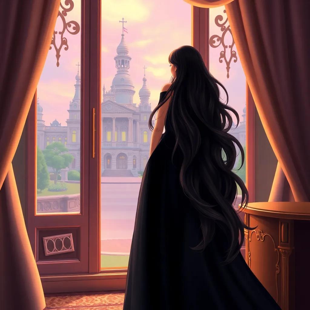 A beautiful princess, Layla, with long, flowing hair wearing a stunning black dress, escaping through her bedroom window, the grand palace in the background, morning light, vibrant colors, enchanting atmosphere, dreamy perspective, high-quality