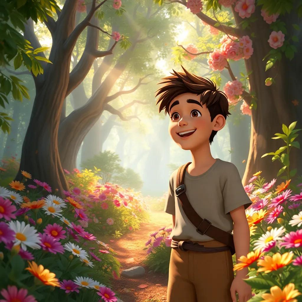 A young man, Adnan, with short, brown hair wearing simple clothes, joyfully welcoming Layla in a secret forest filled with colorful flowers and trees, sunlight streaming through the leaves, cheerful ambiance, heartwarming scene, high resolution