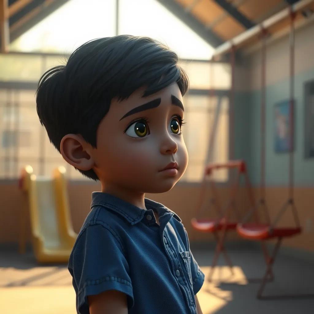 A young Arab boy, Sami, with short black hair, wearing a blue shirt and jeans, looking sad in a small school playground with a slide and swings, warm sunlight, digital art, vivid colors, emotional atmosphere, high quality