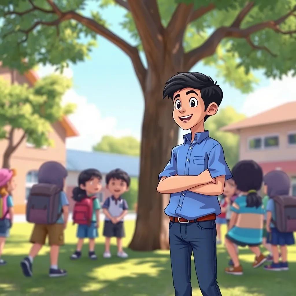 A young Arab boy, Sami, with short black hair, wearing a blue shirt and jeans, speaking confidently to his classmates under a tree in the school playground, sunny day, cheerful vibe, illustration, engaging atmosphere, high quality
