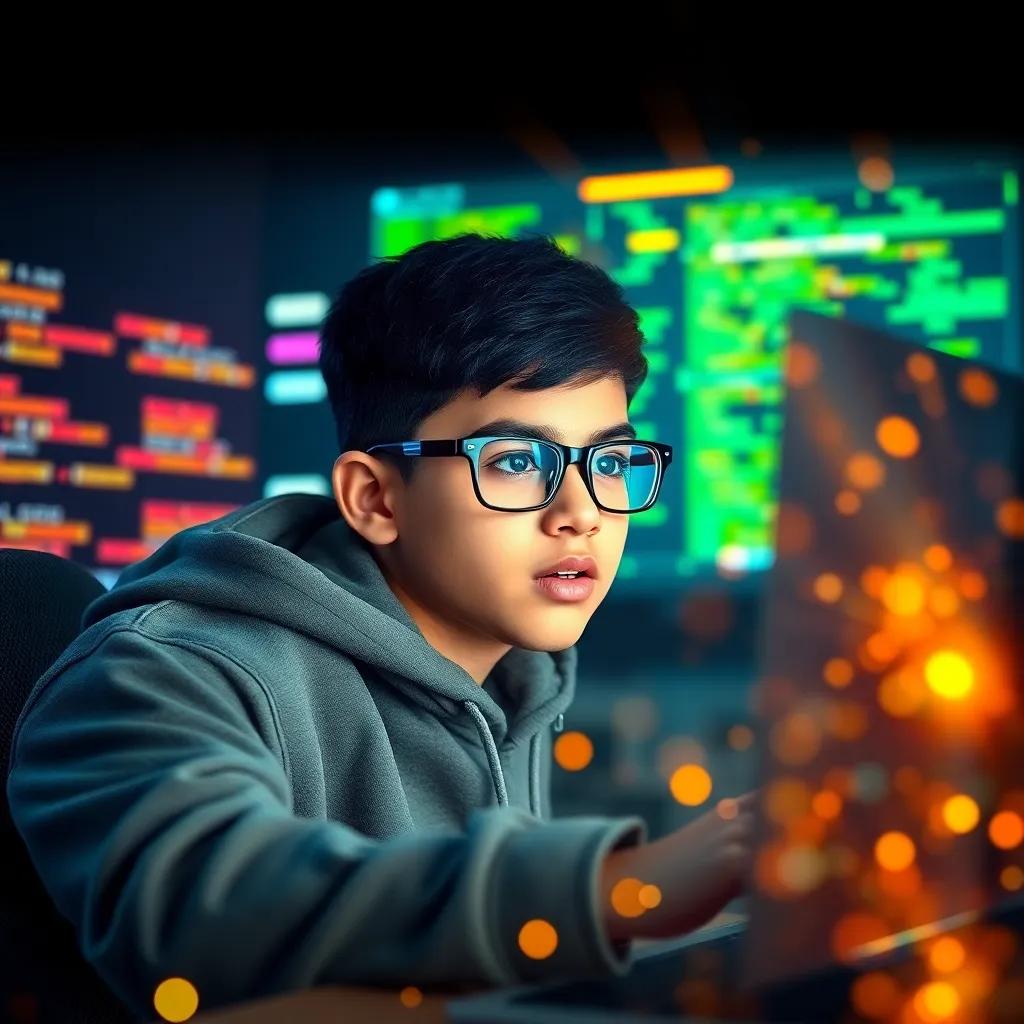 Sami, a young Arab boy with short black hair, wearing a hoodie and glasses, looking determined as he uses his computer to fight against villains, surrounded by colorful computer codes and light effects, action scene, bright colors, inspiring mood, high quality