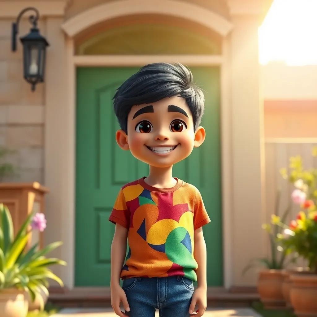 A cheerful Arab boy, Halil, with short black hair wearing a colorful t-shirt and jeans, standing at the entrance of a house with a bright smile, digital art, warm sunlight, inviting atmosphere, high quality