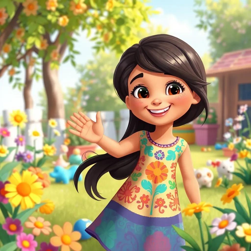 A happy Arab girl, Lama, with long dark hair wearing a colorful dress, playing in a sunny garden filled with flowers and toys, illustration, playful vibe, vibrant colors, friendly perspective, high quality