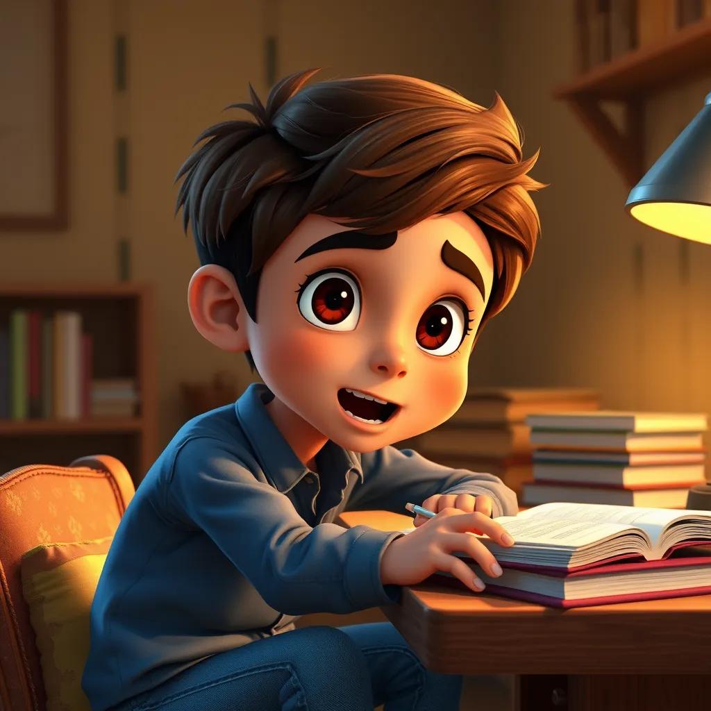 A young Arab boy, Hemza, with short brown hair, wearing a blue shirt and jeans, sitting at a wooden desk with books and a notebook, looking excited, warm light, cozy atmosphere, illustration, detailed and colorful.