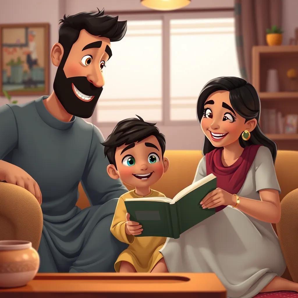 Hemza, a young Arab boy, interacting with his parents in a simple living room, his father telling a story and mother smiling, warm colors, cheerful interior, family bonding, artistic, child-friendly.