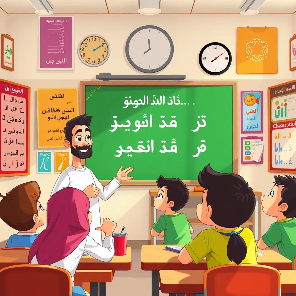 A classroom setting with a friendly Arab teacher explaining the difference between 'ابن' and 'بن' to eager students, colorful posters and alphabet charts on the walls, engaging and educational atmosphere, bright lighting, illustrative style.