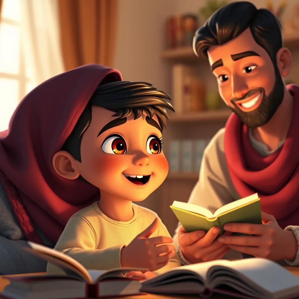 Hemza, a young Arab boy with bright eyes, excitedly telling his parents about 'ابن' and 'بن', warm home environment with books around, family gathering, inviting light, heartwarming image, vibrant design.