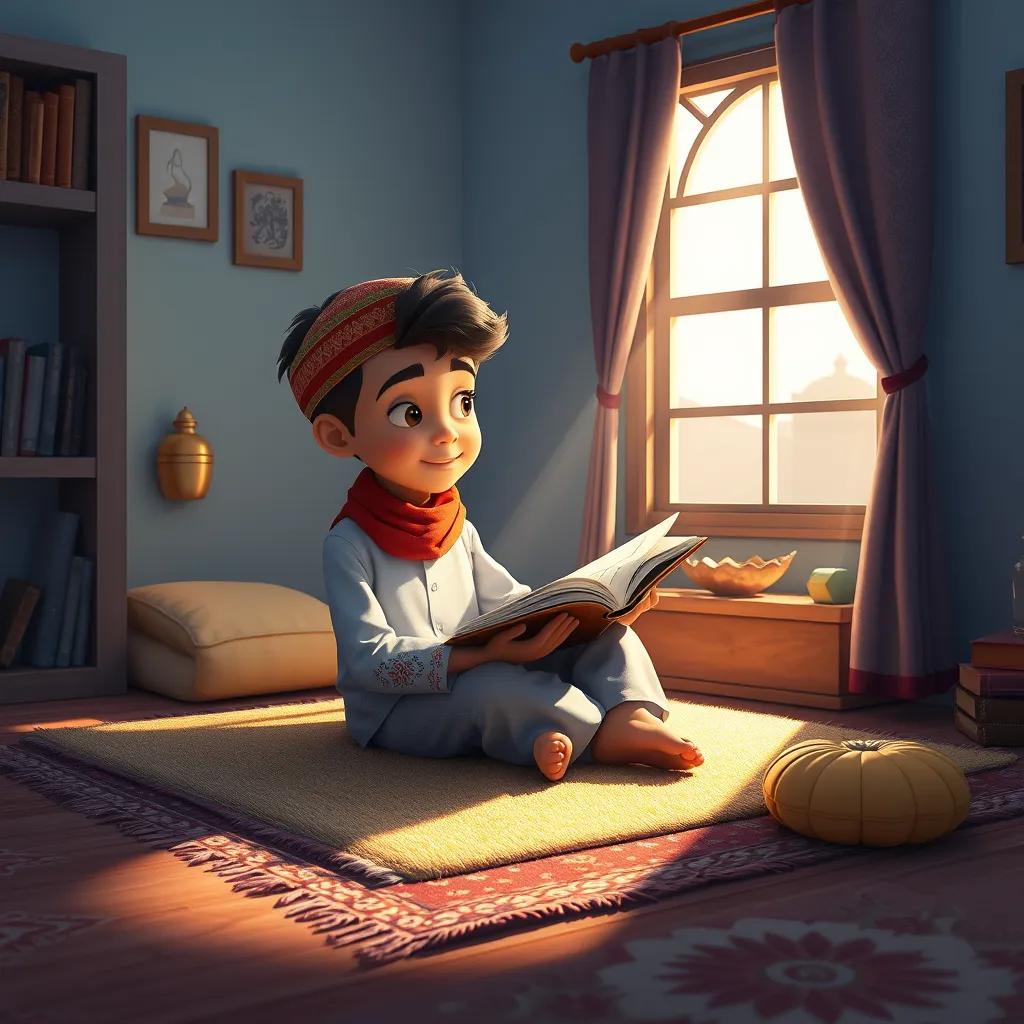 Hemza, a young Arab boy, sitting on a cozy carpet in his room, writing short stories in a notebook by the window with sunlight pouring in, imaginative and creative vibe, colorful and inspiring scene, digital art.