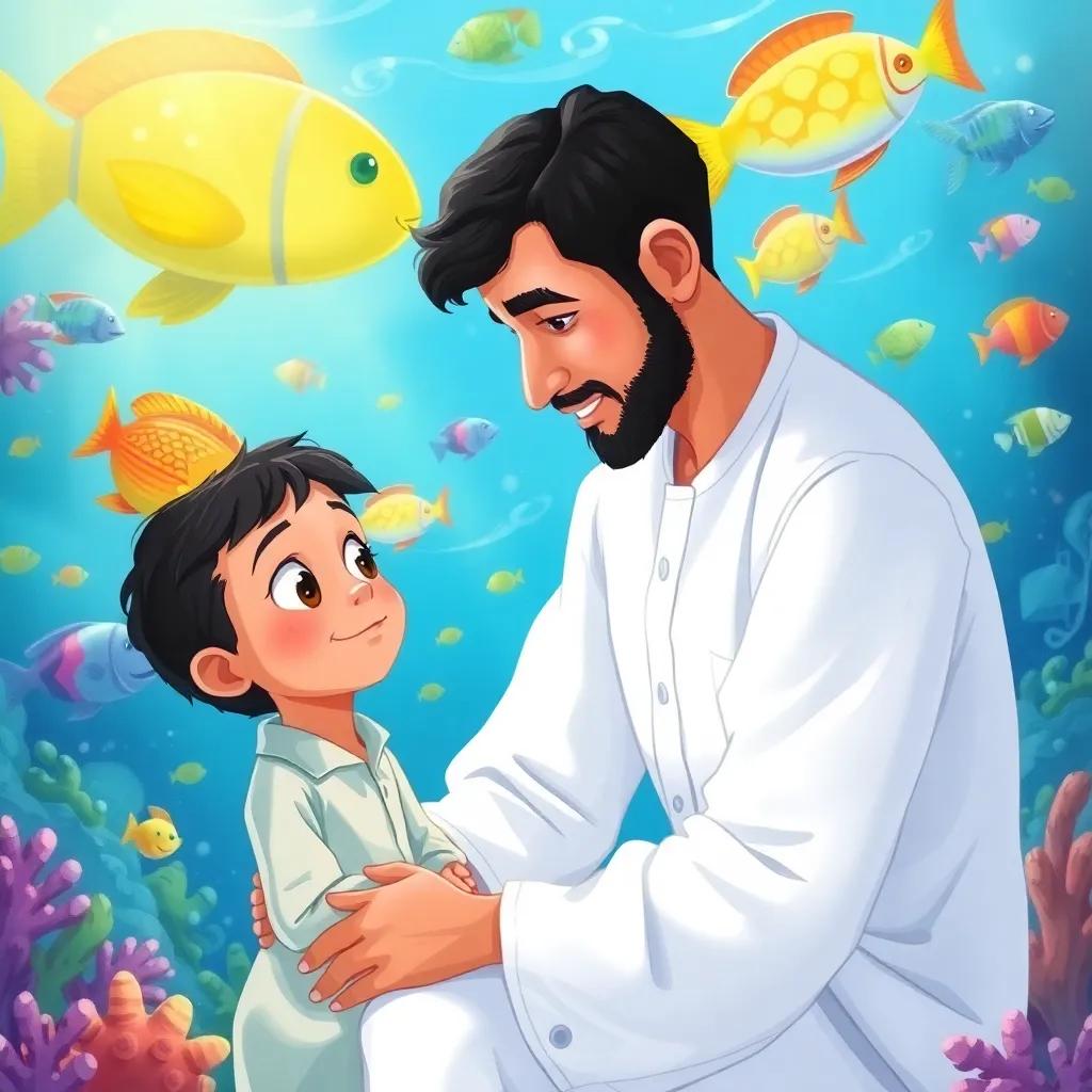 A loving Arab father with short black hair, wearing a white shirt, kneeling down to talk to Mahmoud whose eyes are wide with wonder, surrounded by colorful fish and underwater scenes in the background, digital art, warm lighting, engaging and inspiring scene
