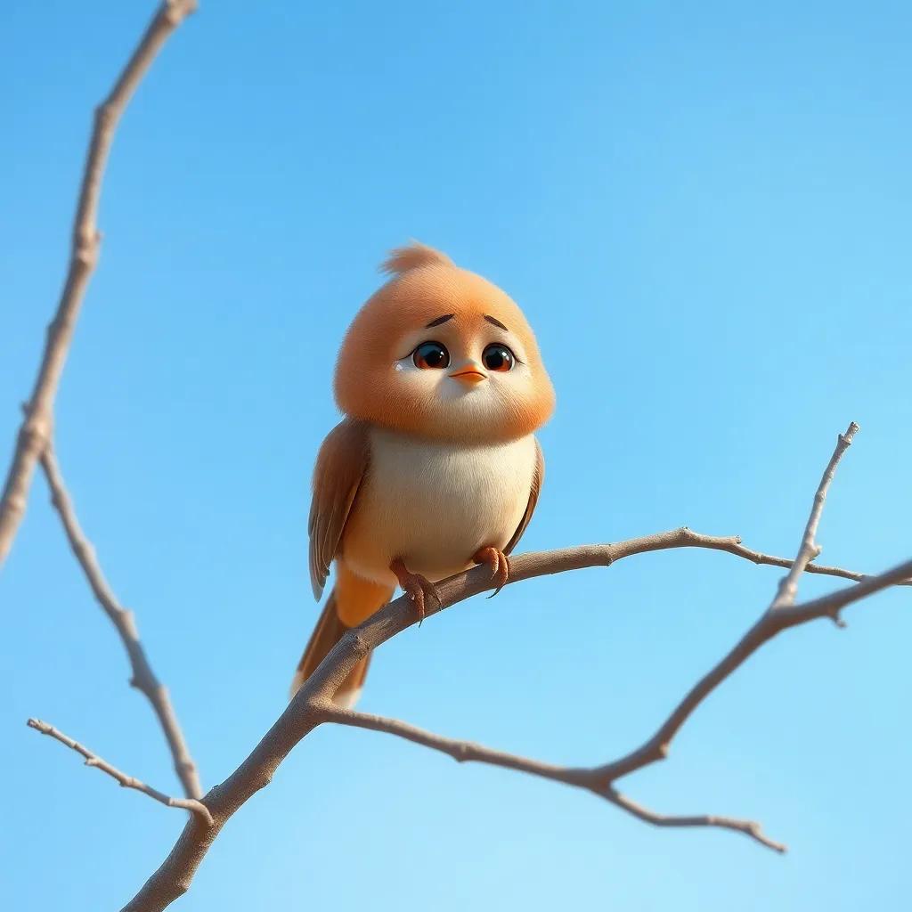 A small brown bird, عصفور, sitting on a dry tree branch with a sad expression, tiny tears in its eyes, against a clear blue sky.