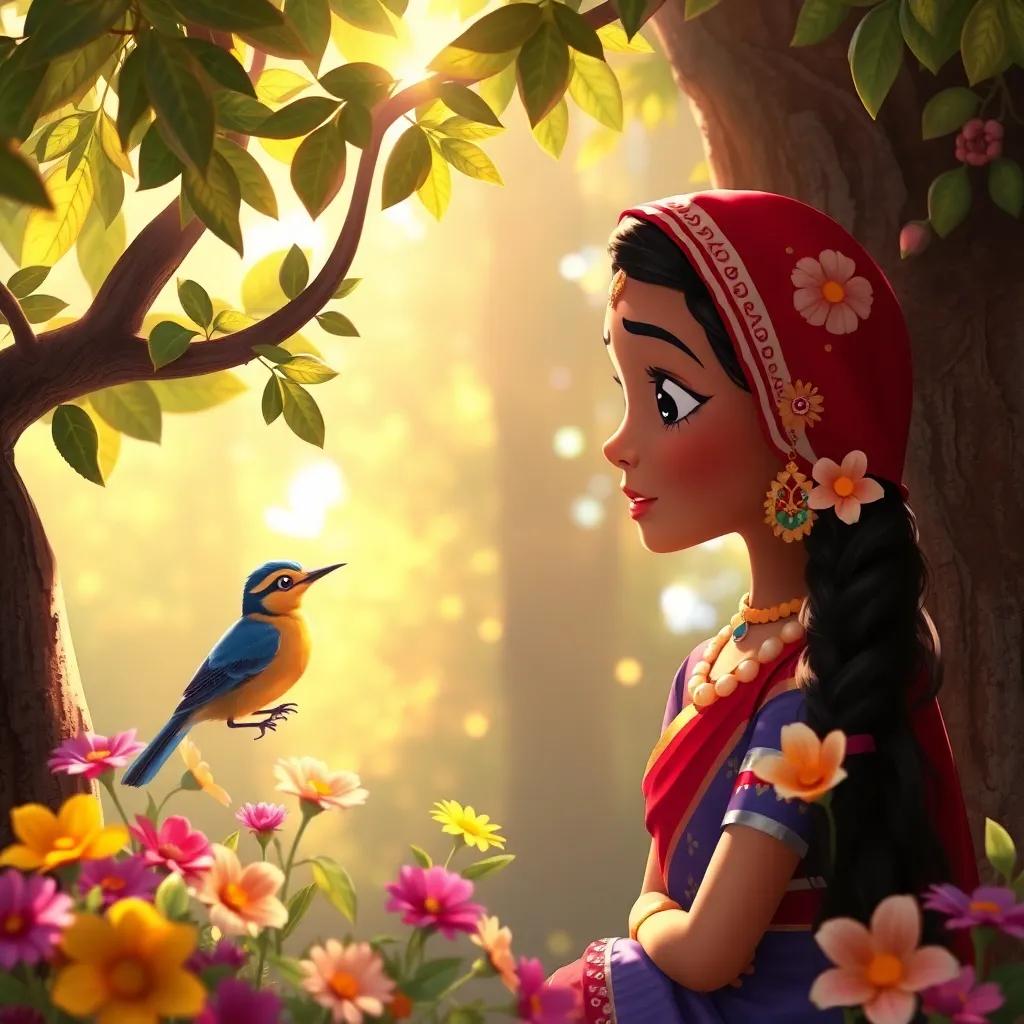 Henna talking gently to a bird, showing concern, soft sunlight filtering through tree leaves, colorful flowers blooming around them.