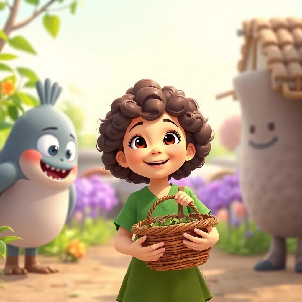 A cheerful girl named ليلى, with curly hair and a green shirt, holding a basket filled with seeds, smiling as she approaches هناء and العصفور.