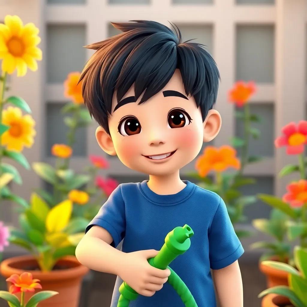 A boy named سالم, with short black hair in a blue t-shirt, smiling while holding a green watering hose, ready to water the plants in the garden.
