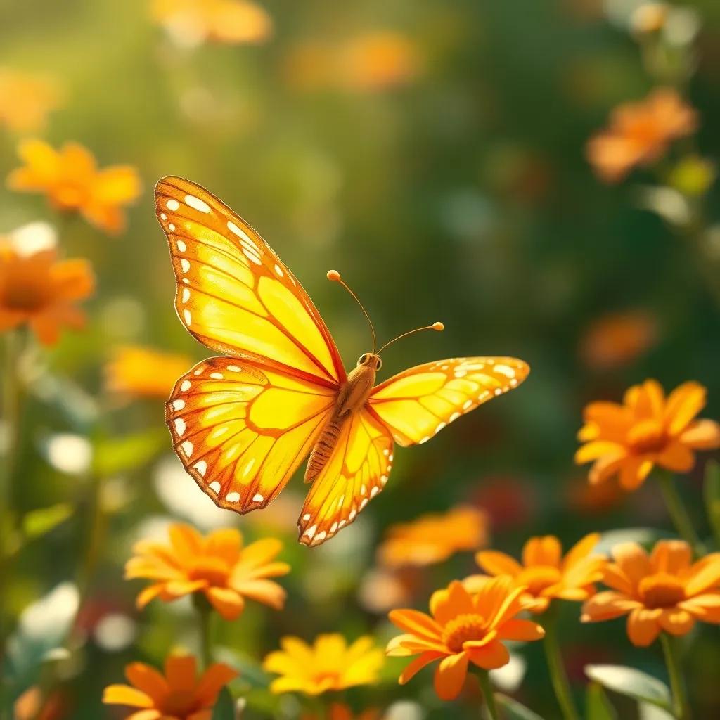 A bright butterfly colored in shades of yellow and orange, named نوسة, fluttering with glimmering wings in the sunny garden, spreading joy.