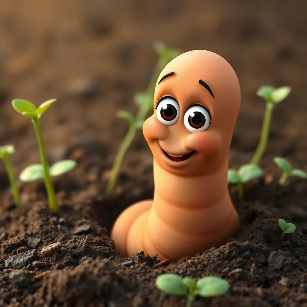 A wise earthworm named دودو with googly eyes peeking out of the soil, surrounded by healthy soil patch, looking friendly and helpful.