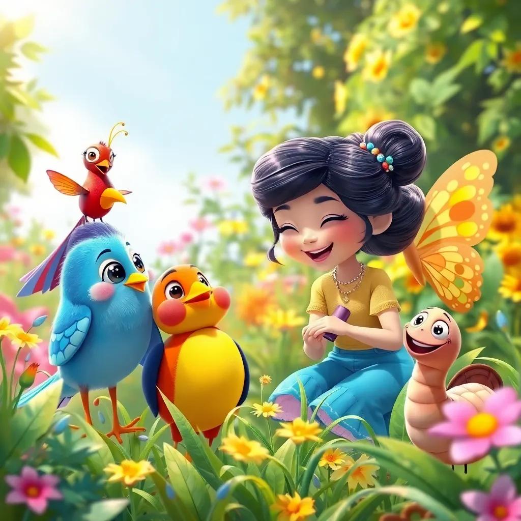 A vibrant scene of هناء, her friends, the bird, butterfly, and worm together in the flourishing garden, sharing smiles and laughter under the sun.