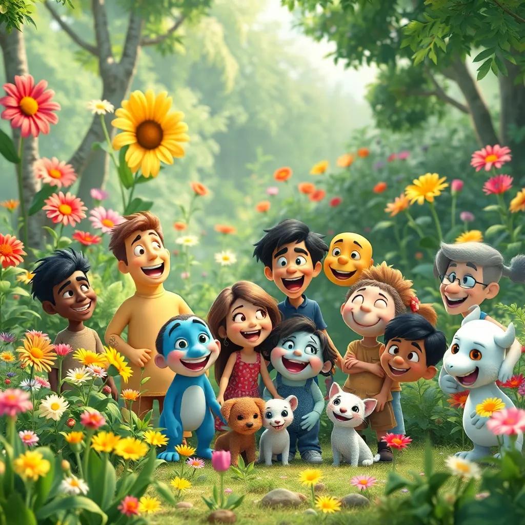 A joyful gathering of all characters with colorful flowers in the background and greenery everywhere, highlighting their friendship and effort for the environment.