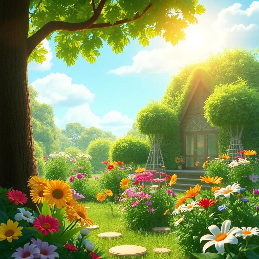 A heavenly garden transformed into a green paradise, with sun shining brightly, flowers blooming abundantly, and the joyful atmosphere of friendship.