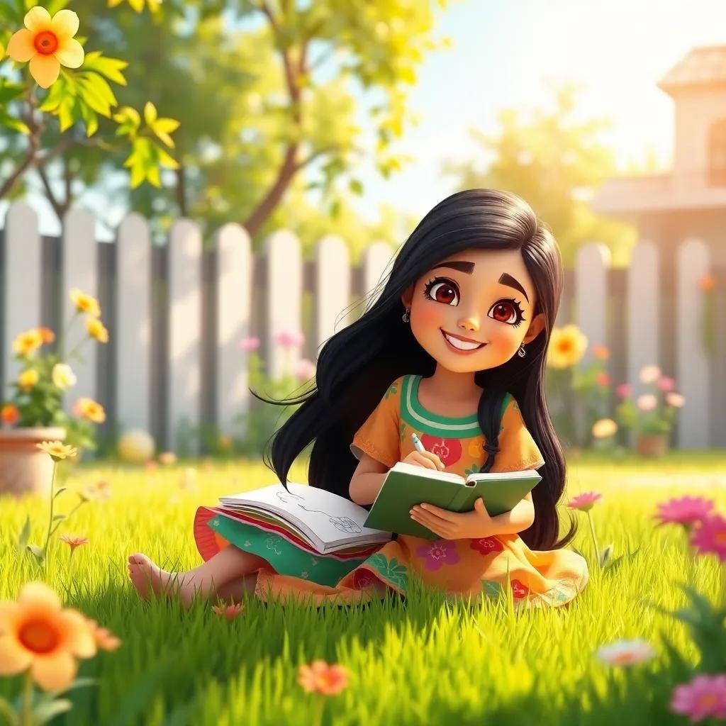 A bright morning scene in a small garden with Hanaa, a cheerful Arab girl with long black hair, wearing a colorful dress, sitting on the grass, drawing flowers in her notebook, digital art, vibrant colors, sunny atmosphere, high quality