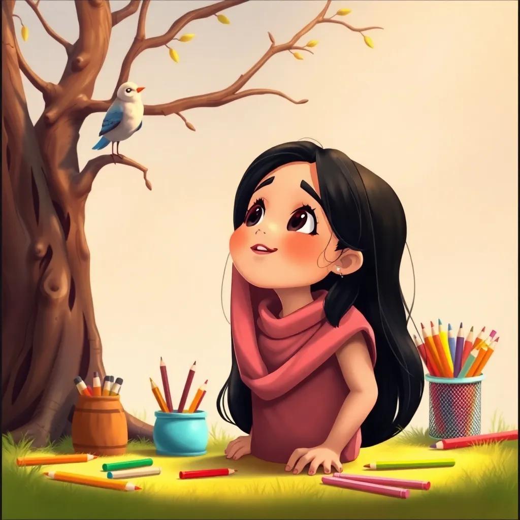 Hanaa, a cheerful Arab girl with long black hair, looking up at a sad bird on a withered tree, with colorful drawing supplies around her, digital art, soft lighting, warm colors, child-friendly