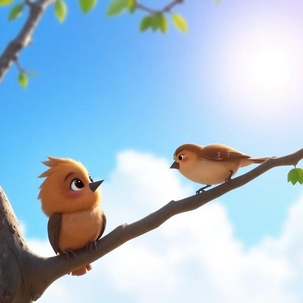 Hanaa speaking kindly to the sad bird, a small brown bird with a melancholic expression, sitting on a tree branch, bright sunny sky in the background, digital art, friendly atmosphere, high resolution
