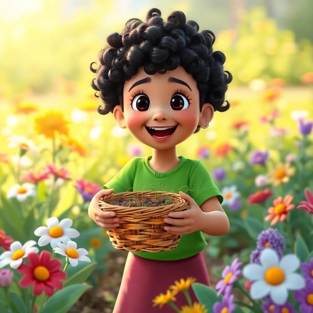 Laila, Hanaa's friend, with curly hair and wearing a green shirt, excitedly holding a basket of seeds, surrounded by flowers in the garden, bright colors, cheerful vibe, digital illustration, child-friendly