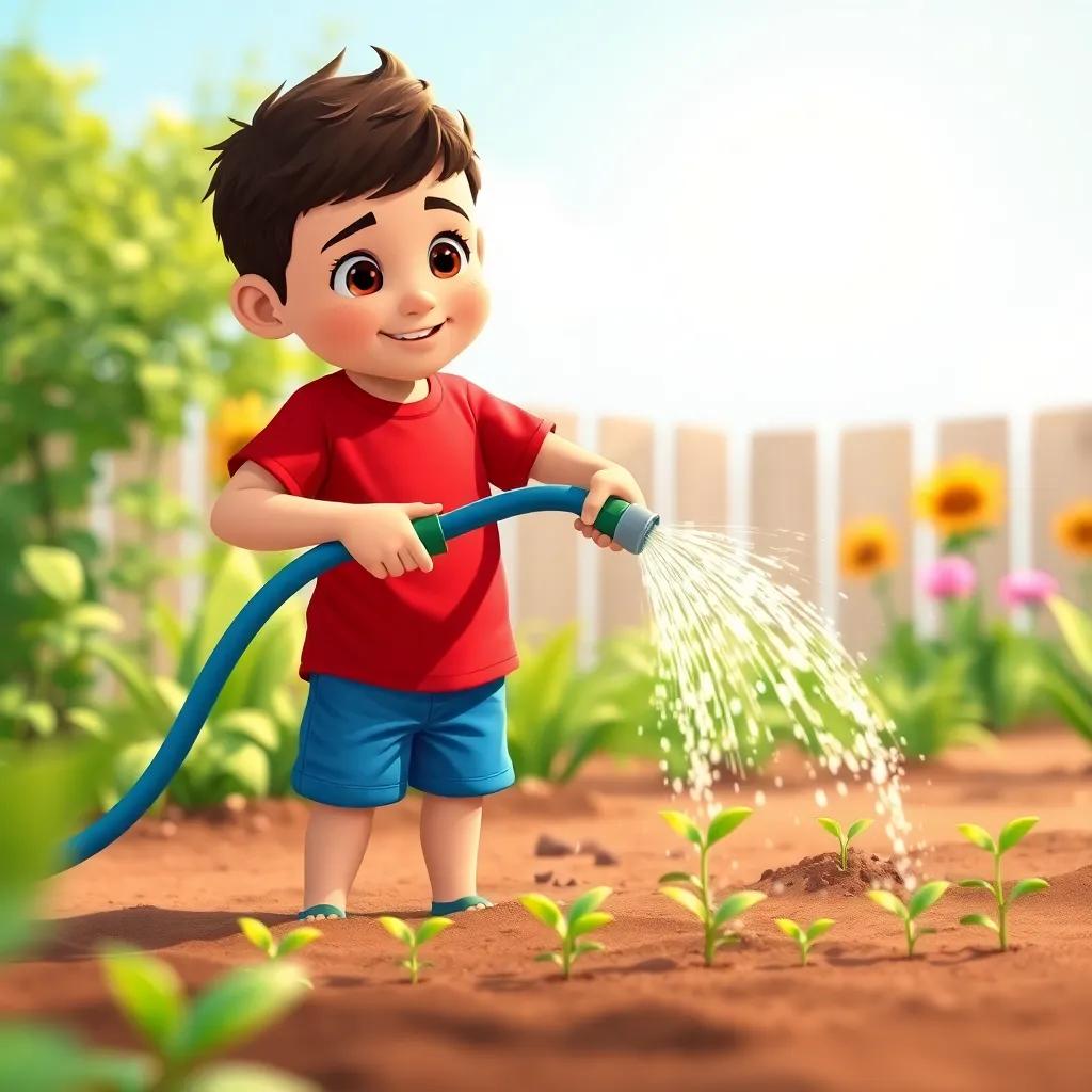 Salah, a boy with short hair wearing blue shorts and a red t-shirt, watering the garden with a hose, little plants peeking out from the soil, sunny day, vibrancy, digital art, uplifting