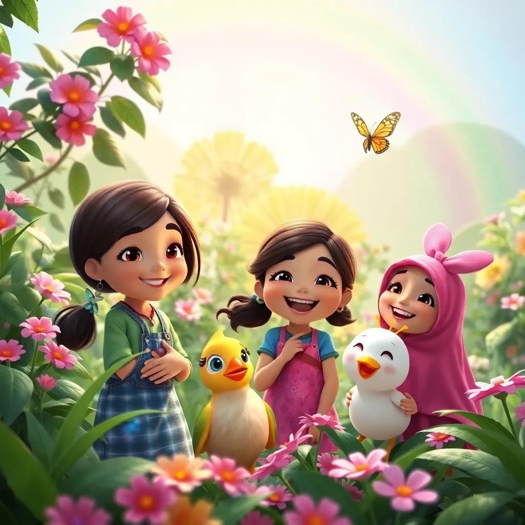 A happy scene of Hanaa, friends, the bird, and the butterfly in a lush green garden, everyone smiling and celebrating, bright rainbow in the background, high quality, joyful atmosphere