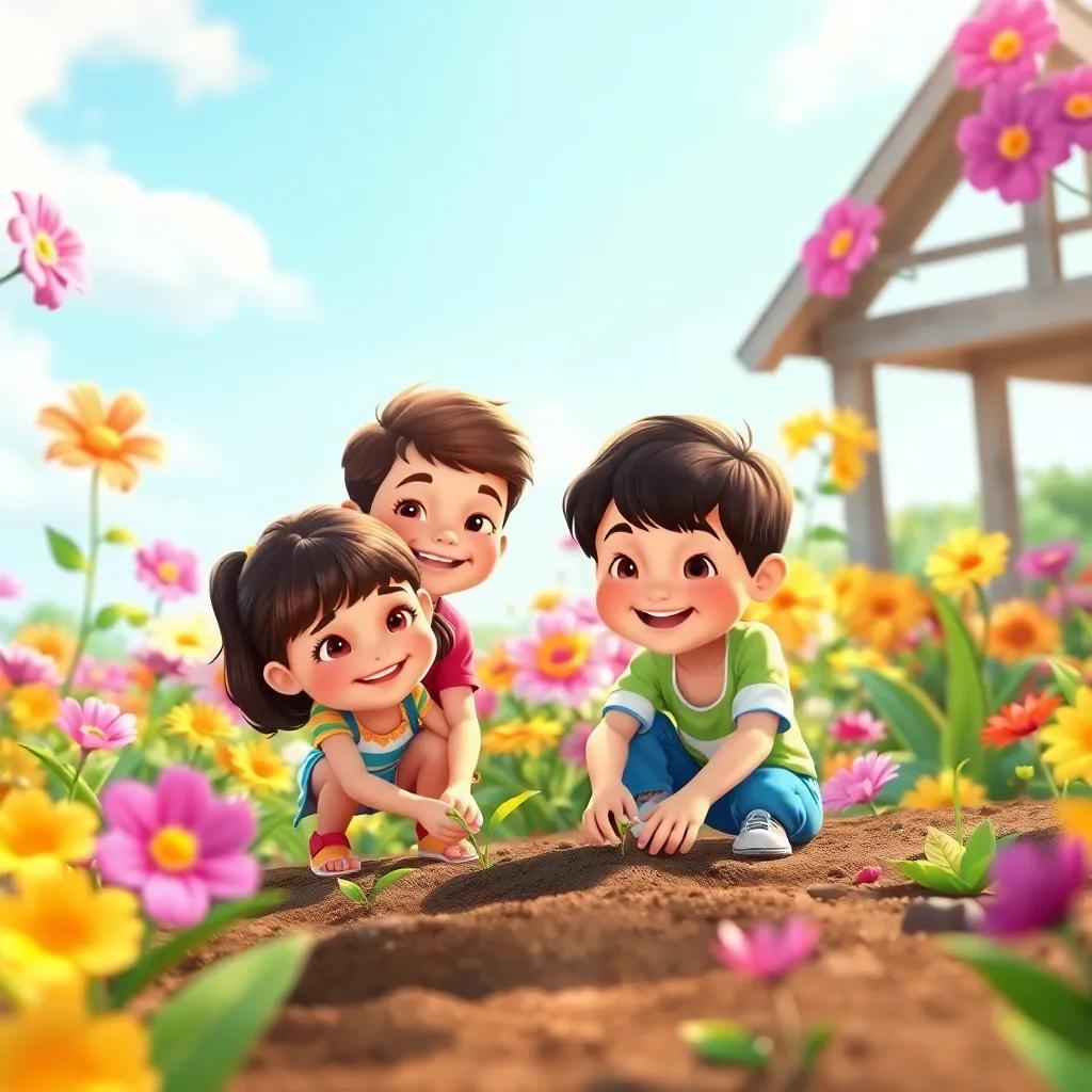 The garden with beautiful blooming flowers and a clear blue sky, children planting new seeds with joyful expressions, uplifting and heartwarming atmosphere, digital art, vibrant