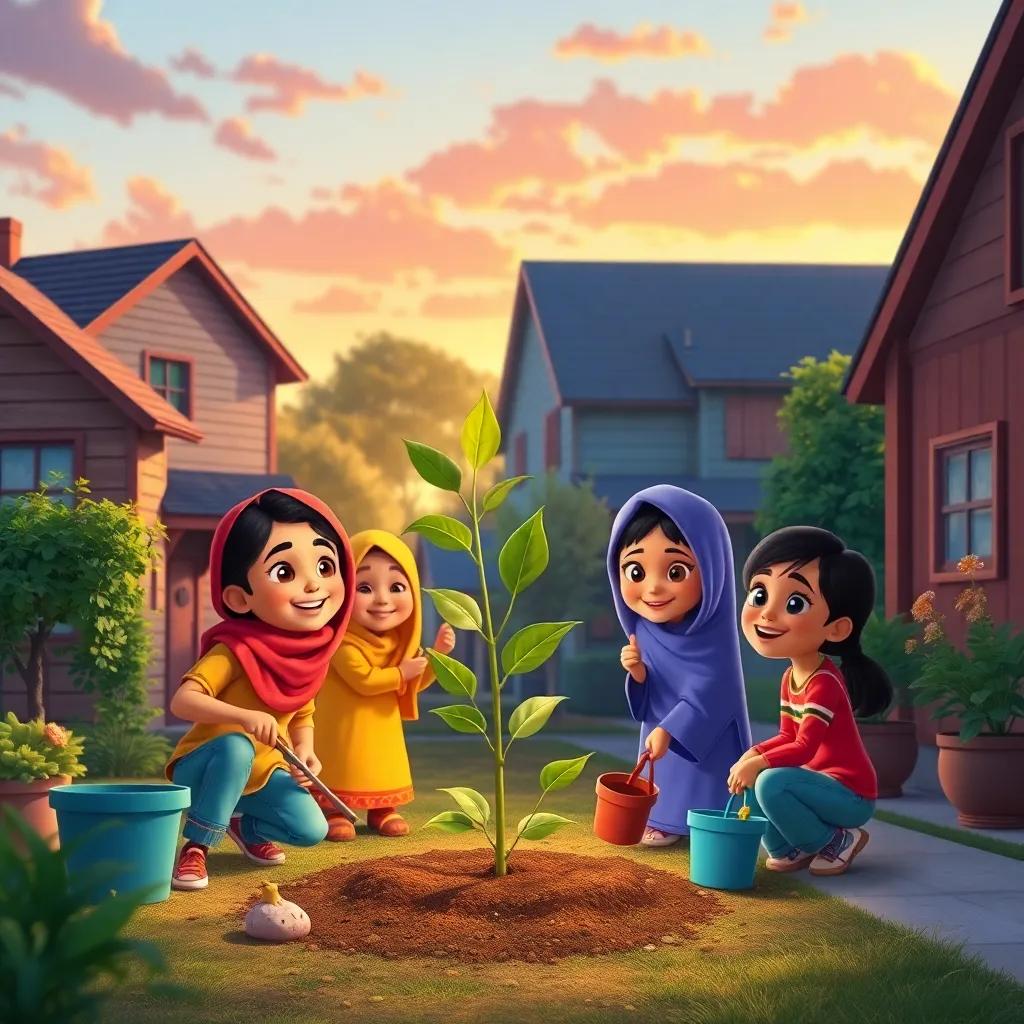 Hanaa and her friends happily cleaning up the neighborhood, planting trees together, surrounded by laughter and joy, warm sunset sky, digital art, friendly and encouraging atmosphere.