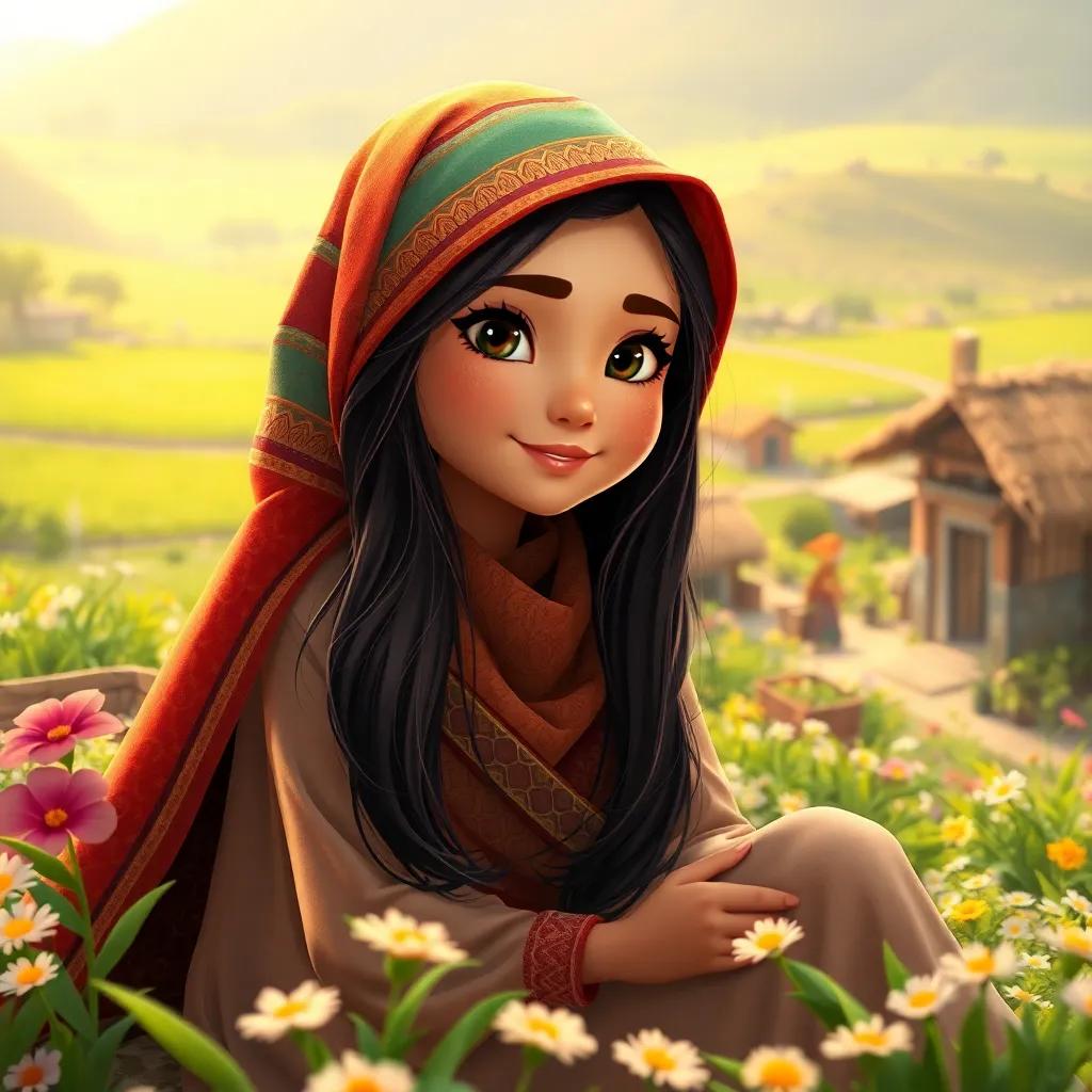 A beautiful young Arab girl, Hind, with long, dark hair wearing a colorful hijab, sitting in a small village surrounded by green fields and flowers, digital art, warm sunlight, cheerful atmosphere, highly detailed