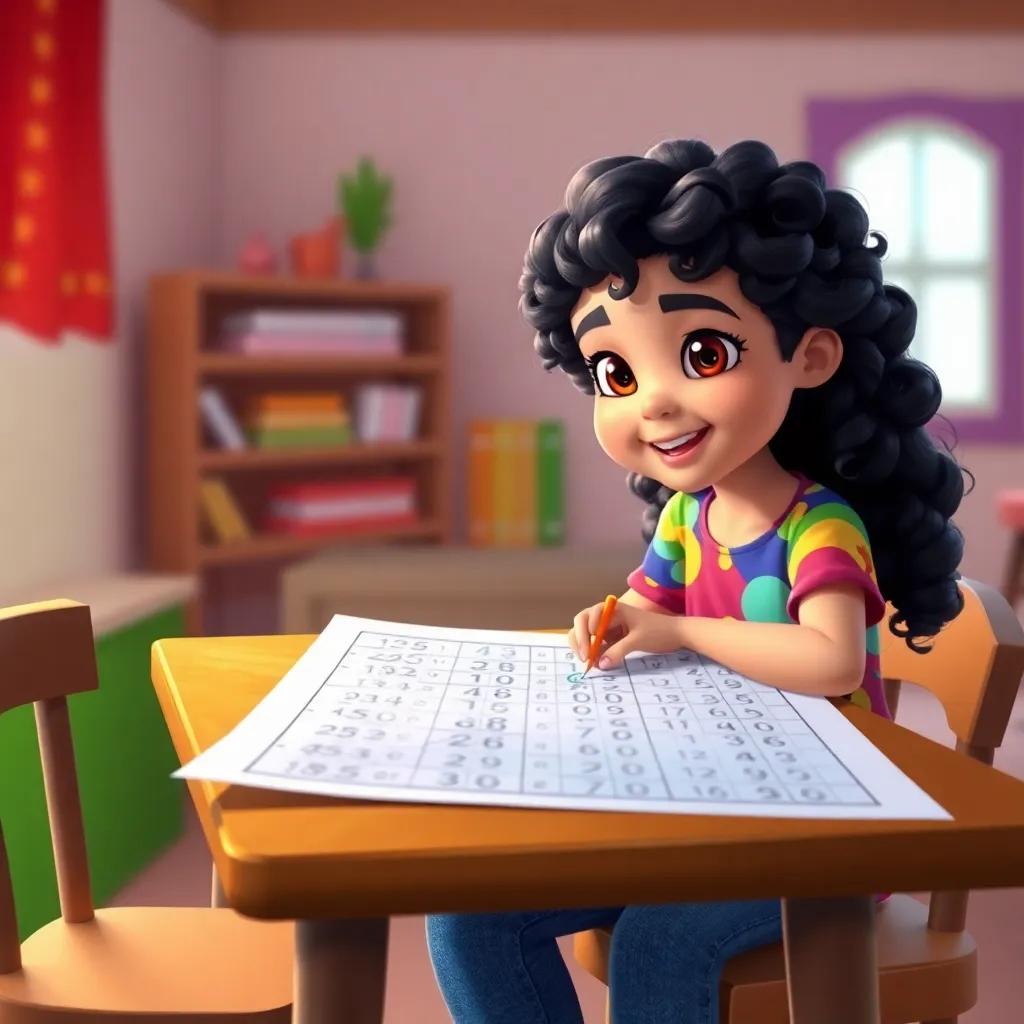 A young Arab girl, Hind, with curly black hair, wearing a colorful shirt and jeans, sitting at a table with a large paper filled with columns and rows, excitedly drawing numbers, digital art, bright colors, inviting atmosphere, cheerful perspective, high quality